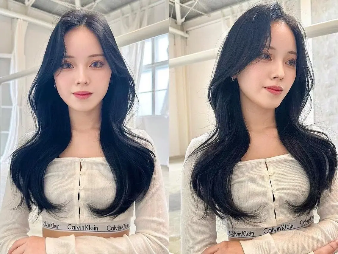 カラー 黒髪 ブルーカラー ブルーブラック eve🐰束間まつ毛 /透明感カラーのヘアスタイル