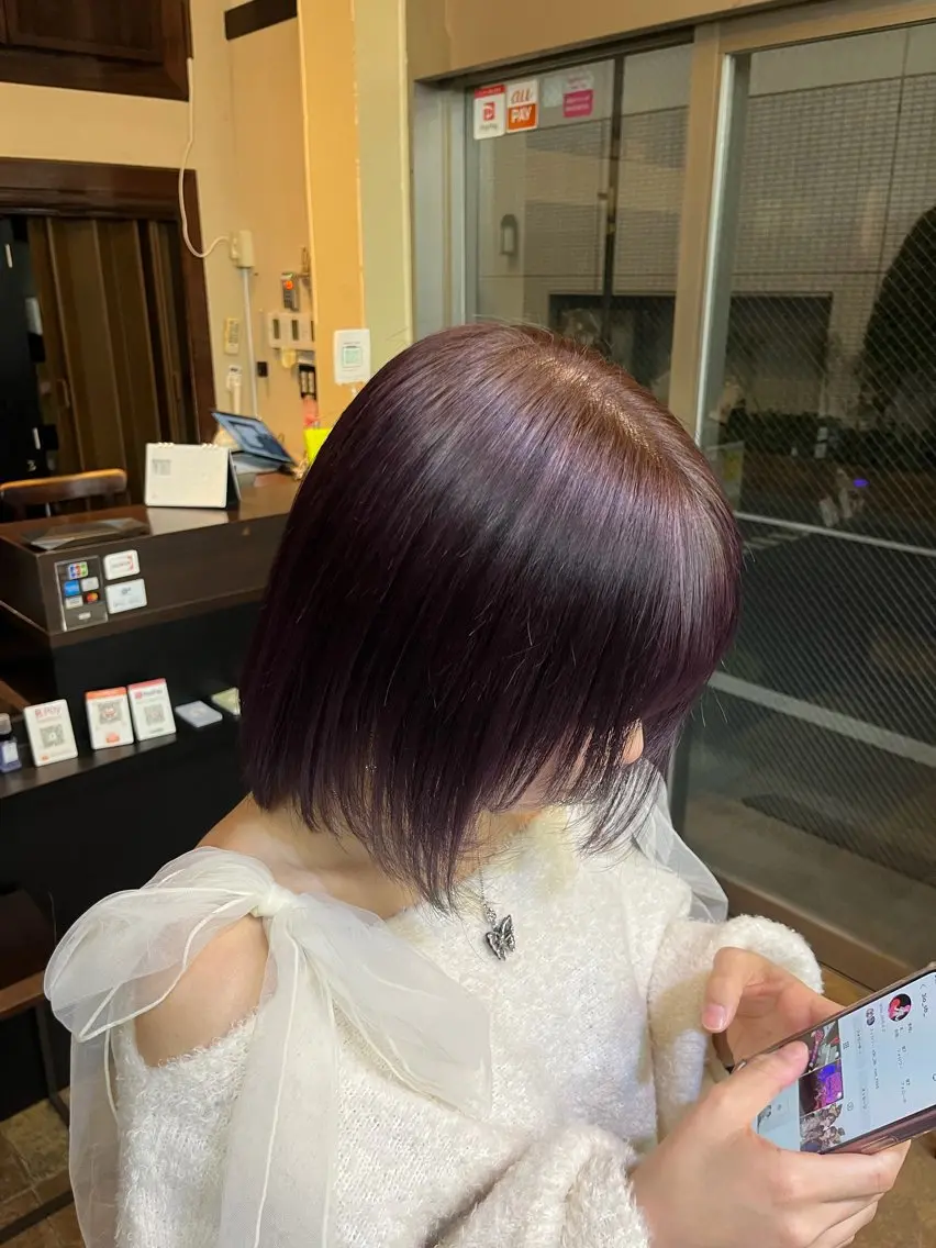 カラー ブラウンカラー ラベンダーカラー ボブ ヘアカラー トリートメント 田中 望夢のヘアスタイル