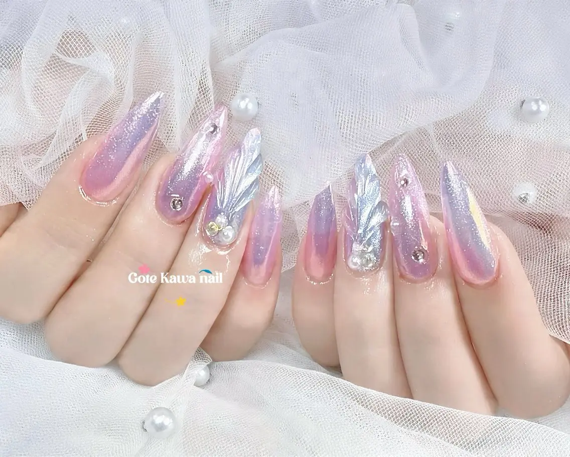 ネイル フラッシュネイル ミラーネイル 持ち込み パープル 夏ネイル ハンドネイル ハンドケア Gote Kawa nail salonのネイルデザイン
