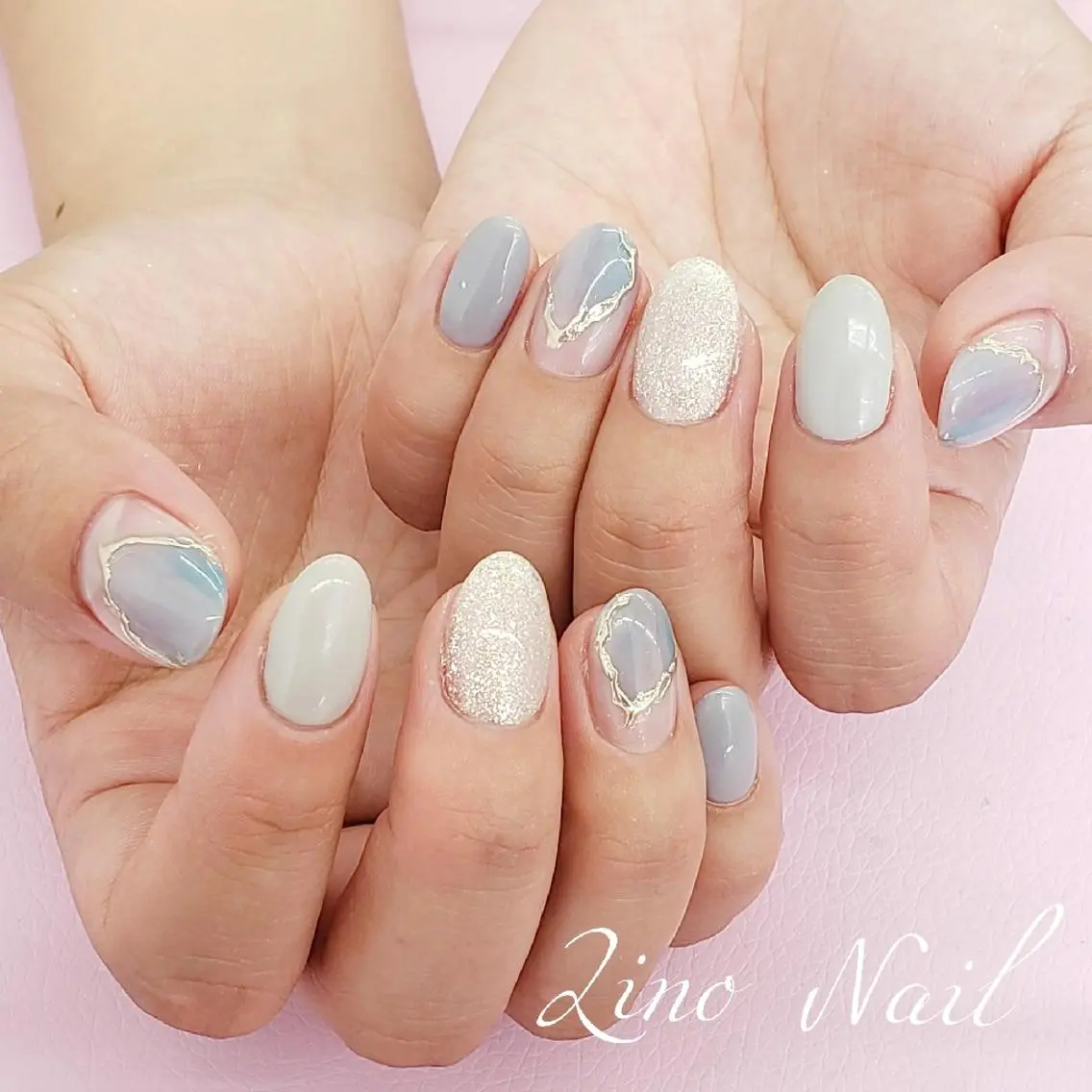 ネイル ブルー カジュアル フレンチネイル ジェルネイル ラメ(グリッター) ハンドネイル Lino Nailのネイルデザイン