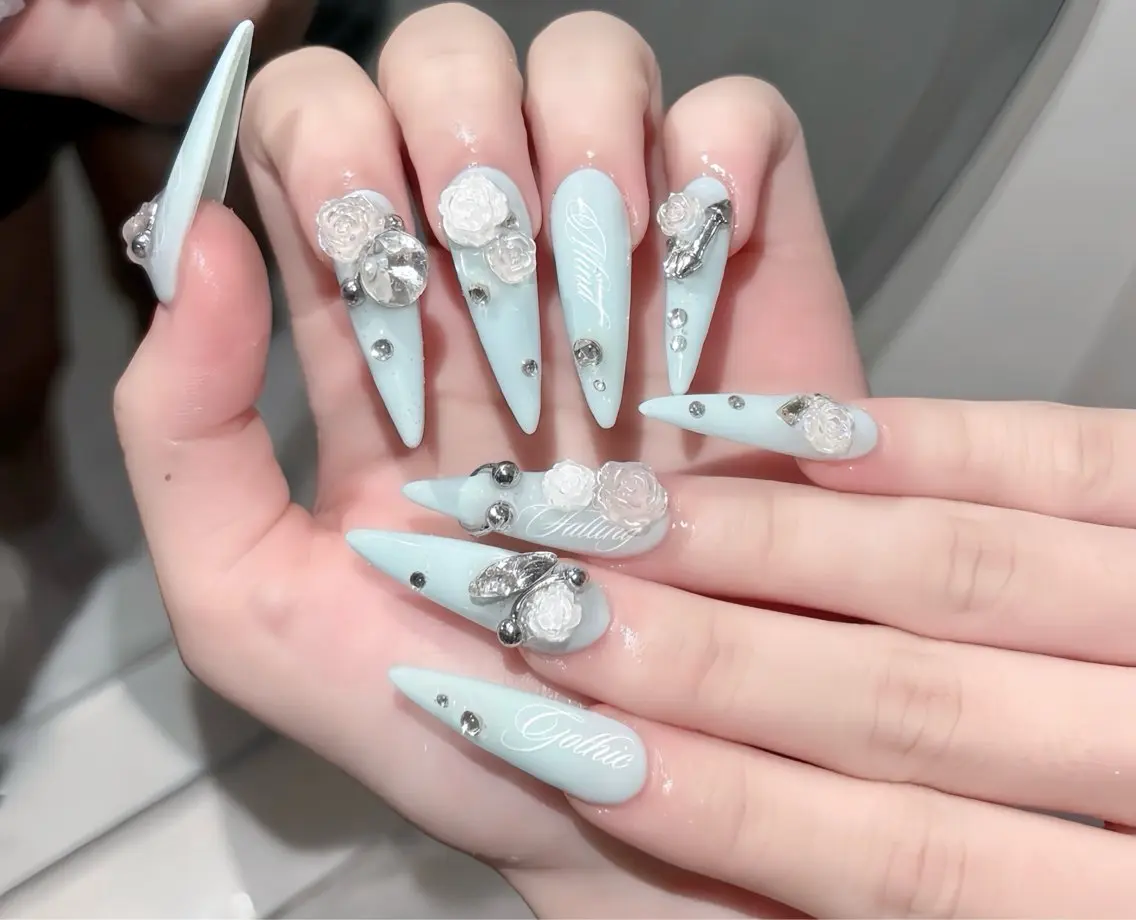 ネイル べっ甲ネイル ブルー 長さ出し フレンチネイル ジェルネイル ハンドネイル Rin Nail 新大久保店のネイルデザイン