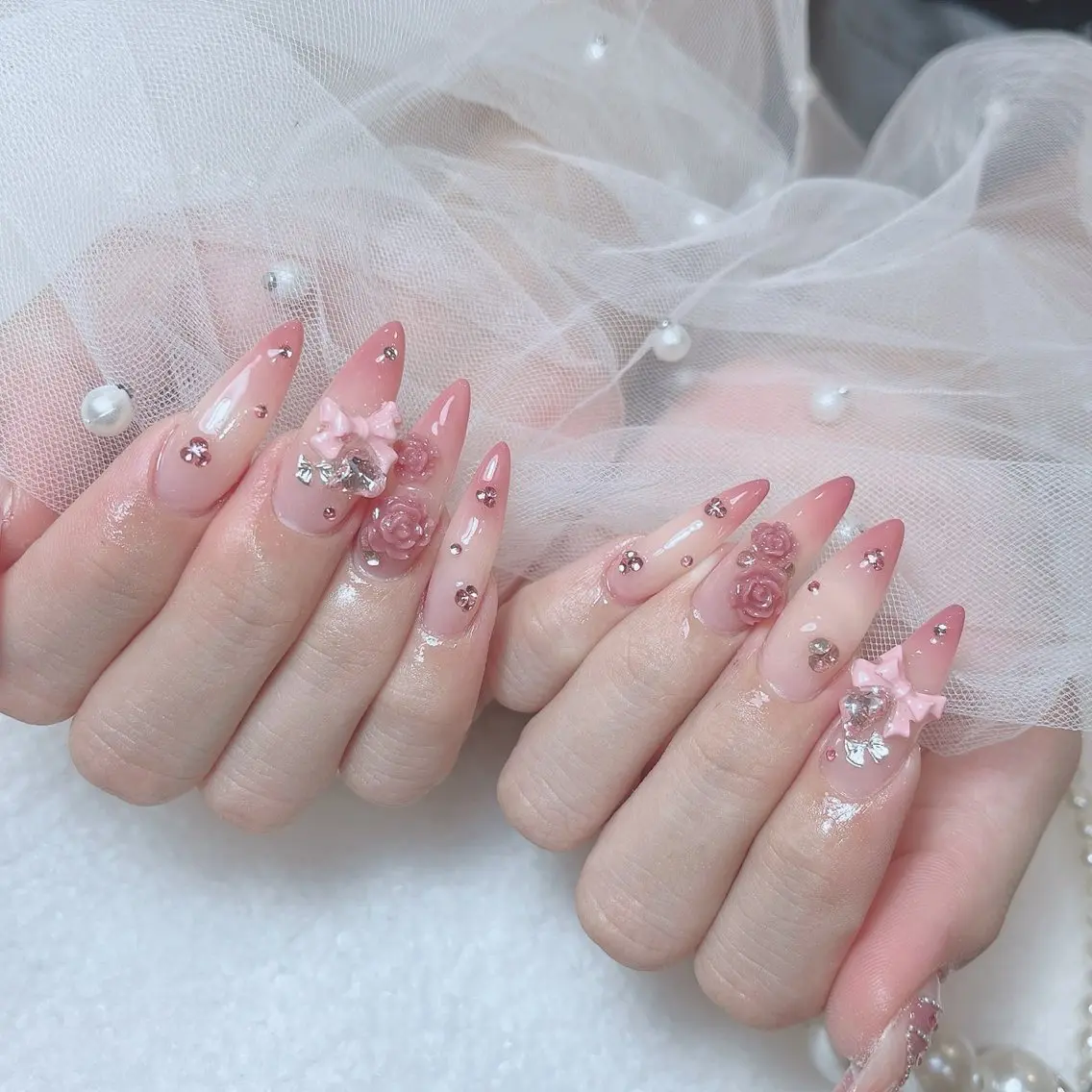 ネイル ガーリー 韓国ネイル ロングネイル ピンク リボン Sora NAILのネイルデザイン