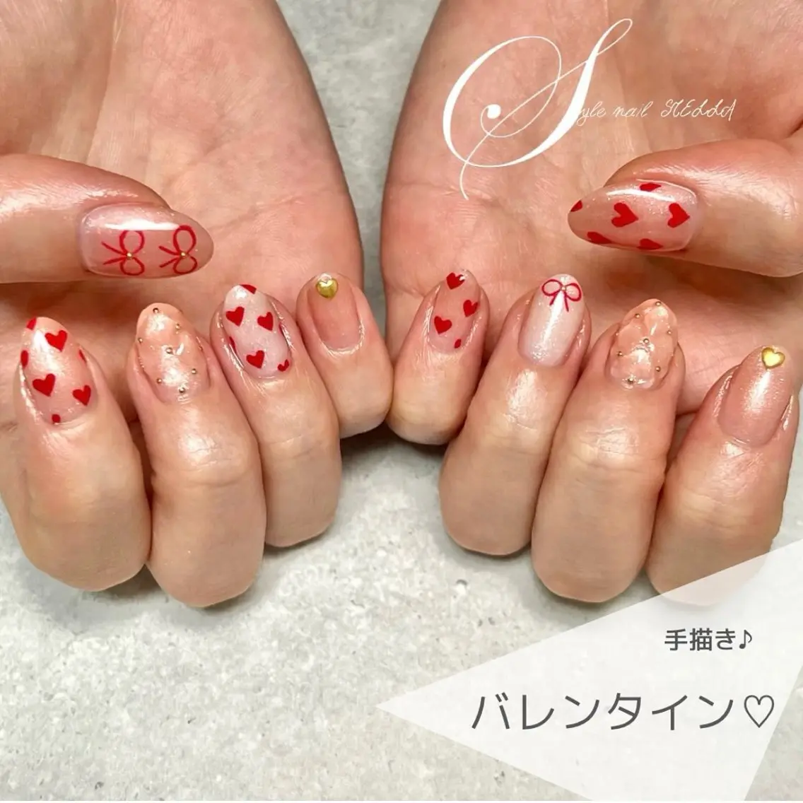 ネイル アートネイル ハート リボン バレンタイン ハンドネイル ステラ marikominoのネイルデザイン