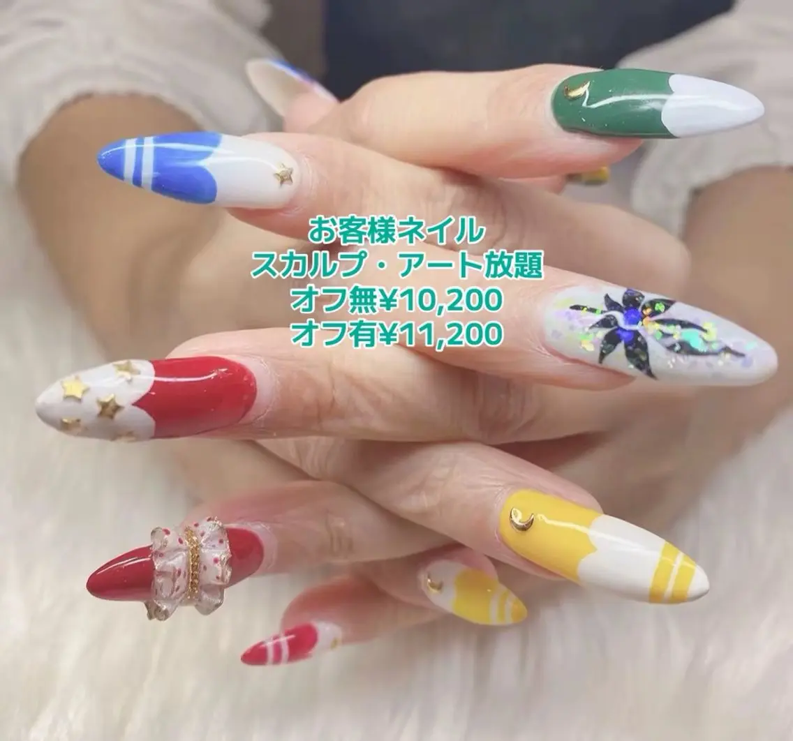 ネイル アートネイル ブルー フラワーネイル フットネイル グリーン ティーエヌ 金山駅東口店のネイルデザイン