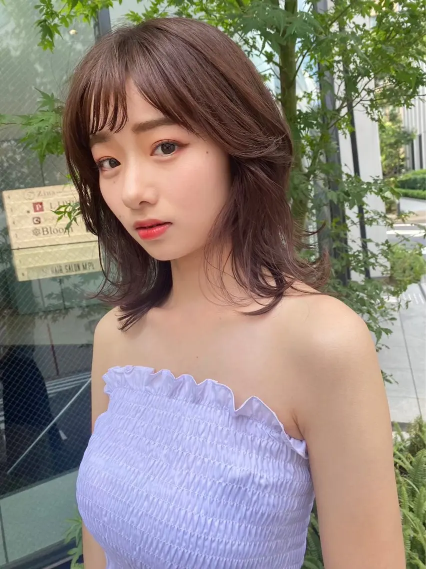 ミディアム カラー ミディアムパーマ アッシュ 黒髪 ブリーチ ボブ ヘアカラー トリートメント 【公式】amble luxe池袋東口🩷のヘアスタイル