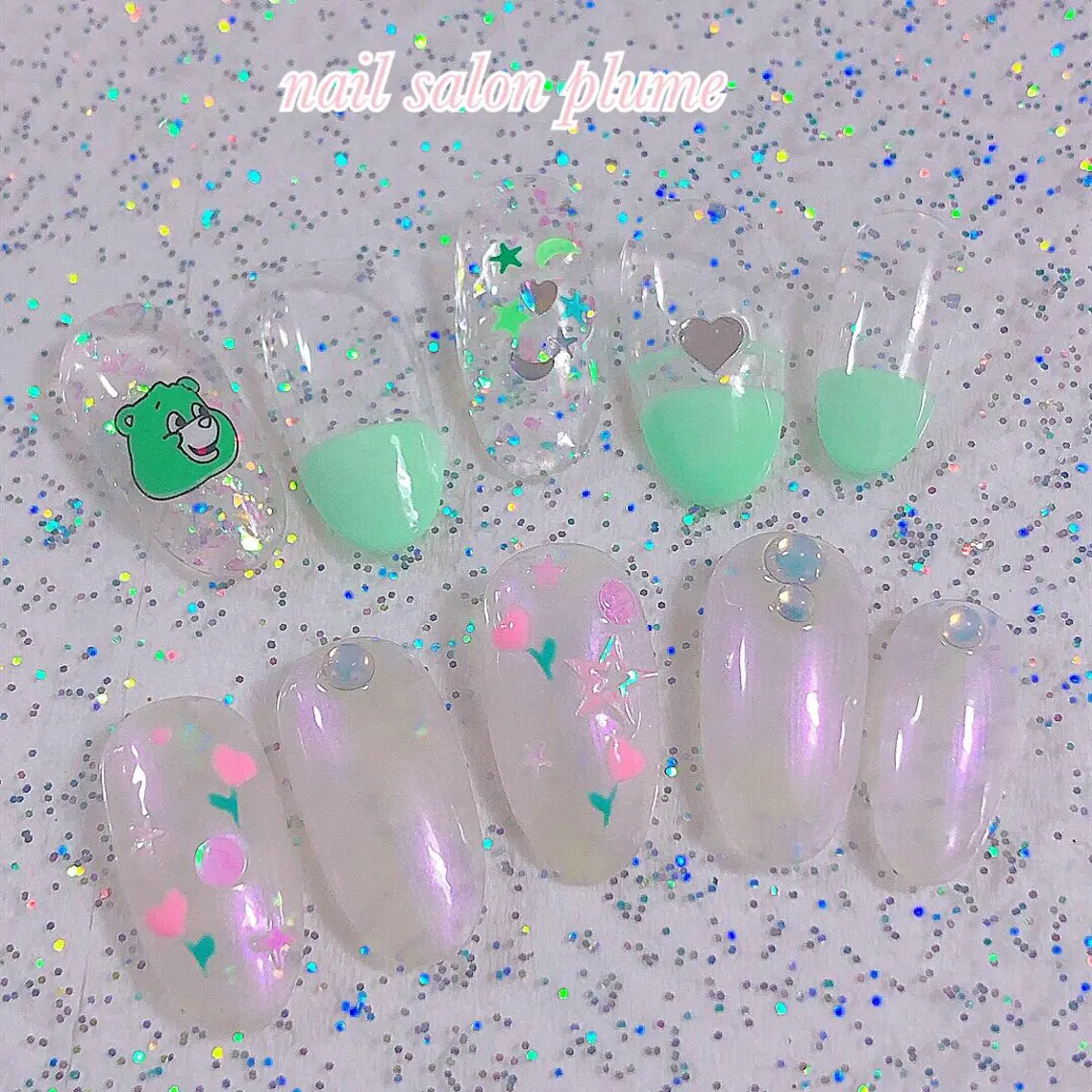 ネイル アートネイル オーロラネイル クリアネイル ハート キラキラネイル plume nail ☆韓国ネイルのネイルデザイン