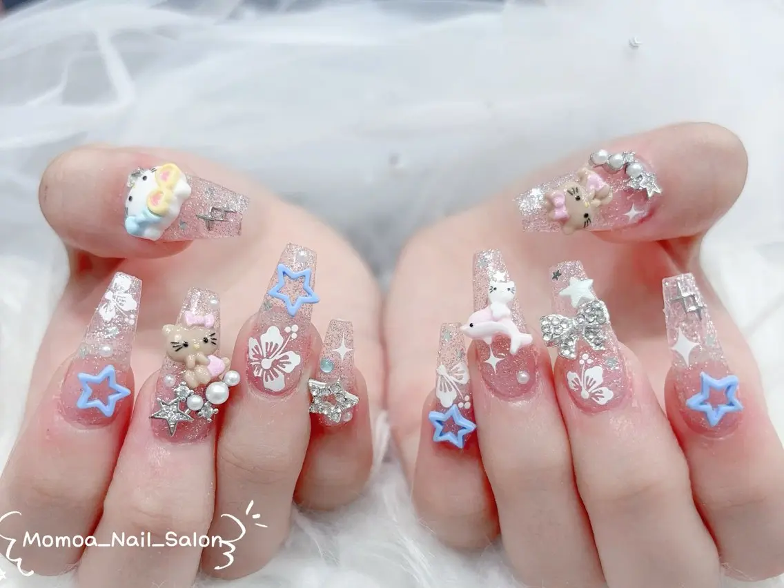 ネイル 成人式 大理石ネイル(マーブル) リボン 夏ネイル ネイルチップ ハンドネイル MoMoA Nail ネイル長さ出し専門店のネイルデザイン