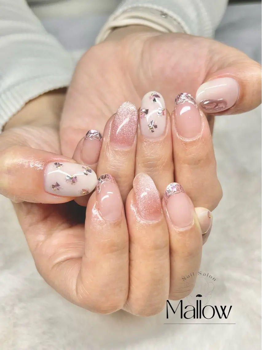 ネイル フレンチネイル ガラスフレンチ ニュアンスネイル ピンク ハンドネイル Mallow nailのネイルデザイン