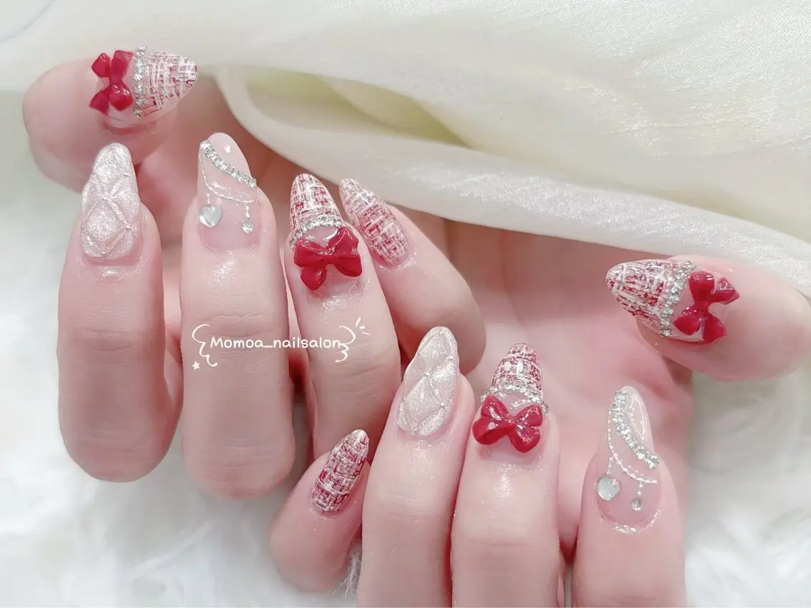 ネイル 成人式 大理石ネイル(マーブル) 持ち込み リボン 夏ネイル ハンドネイル MoMoA Nail ネイル長さ出し専門店のネイルデザイン
