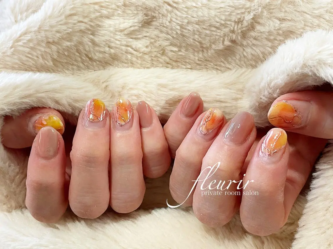 ネイル アートネイル フレンチネイル ミラーネイル オレンジ ピンク フルリール 【プライベートサロンのネイルデザイン
