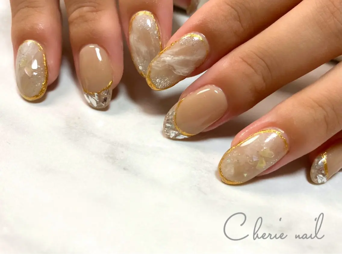 ネイル フレンチネイル ジェルネイル ガラスフレンチ 大理石ネイル(マーブル) ニュアンスネイル ハンドネイル Cherienail yunaのネイルデザイン