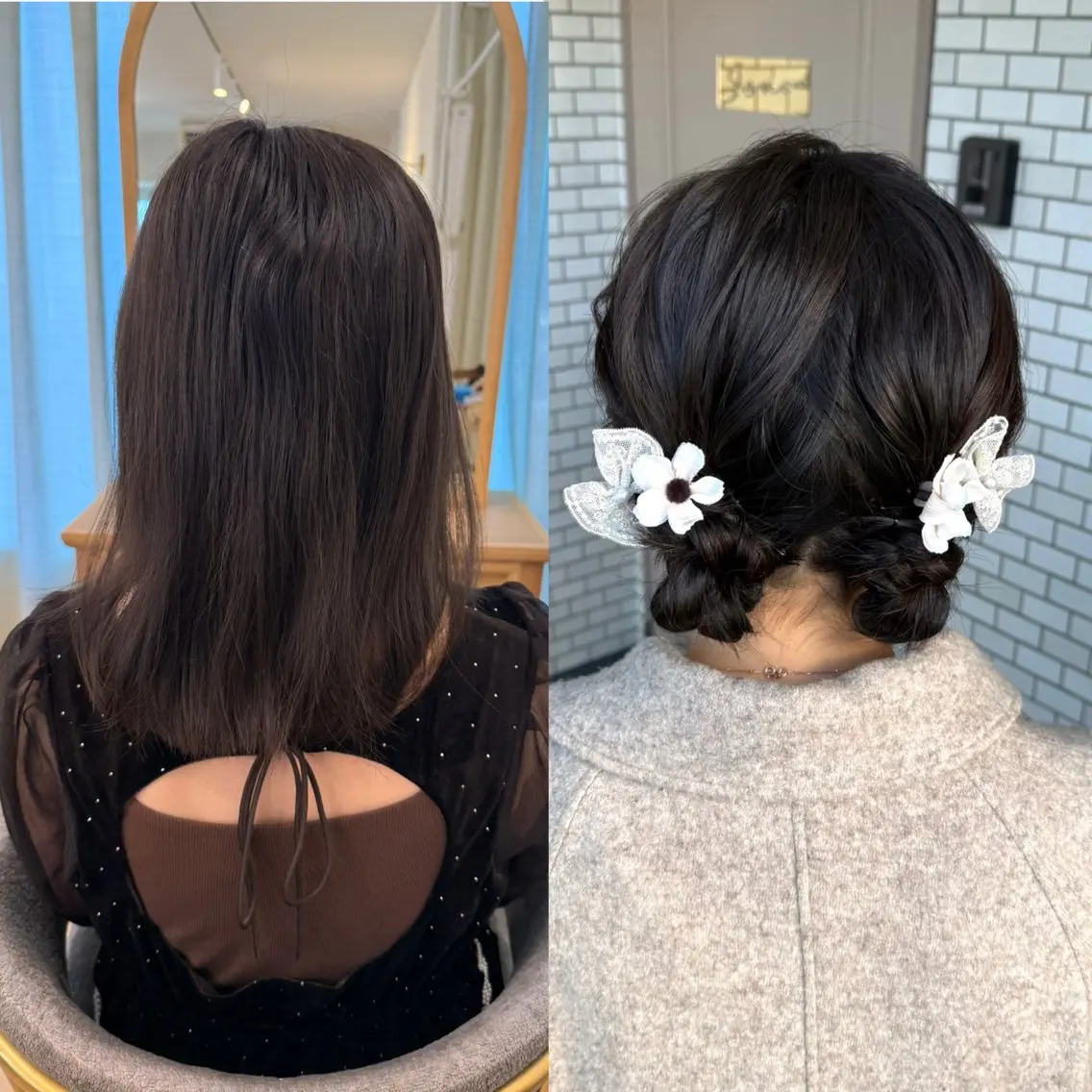 ミディアム ヘアアレンジ 成人式 ハーフアップ お団子ヘア 結婚式・ブライダル デート 褒められヘアメイク /ボブ女子🐶みおのヘアスタイル