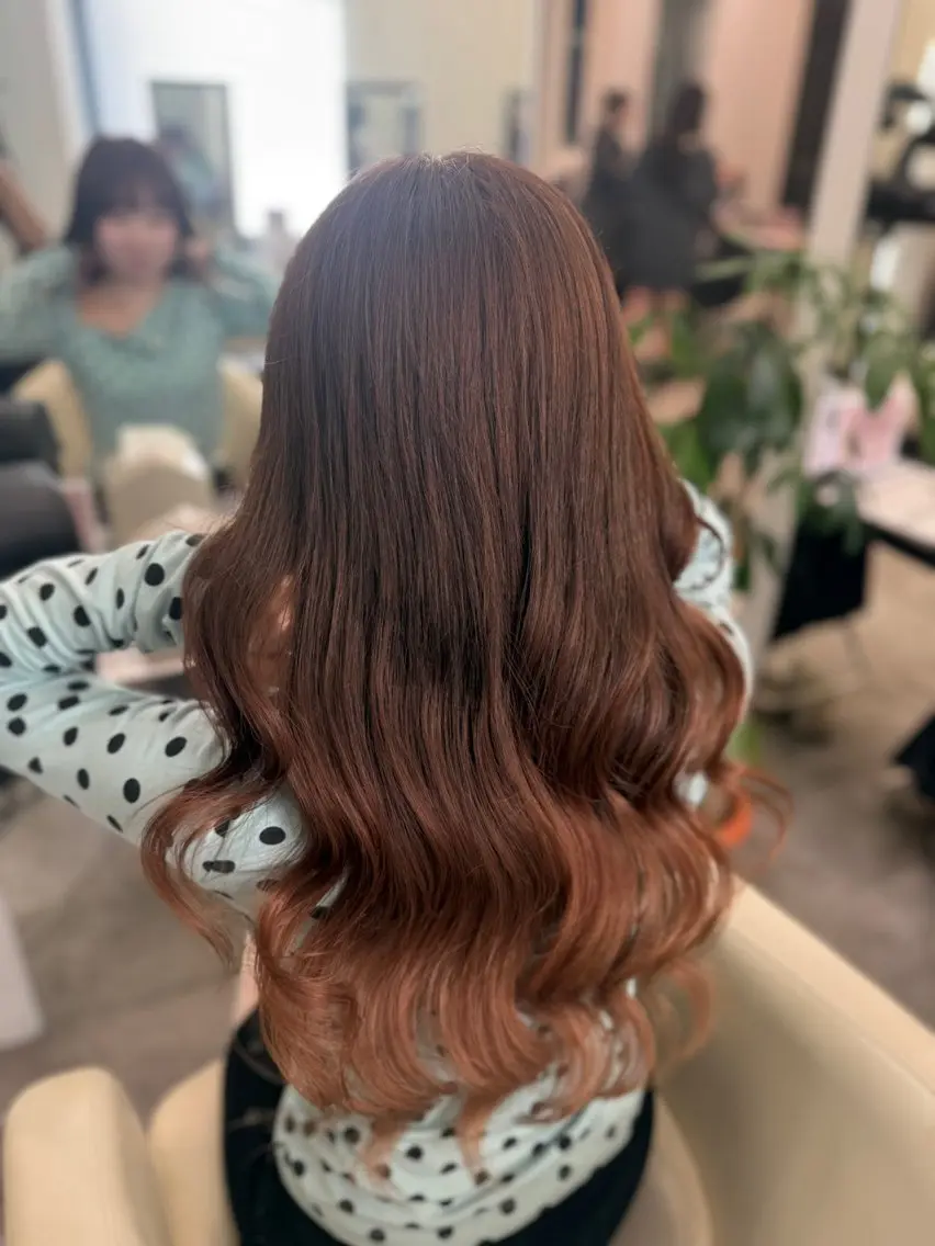 ロング カラー ブラウンカラー オレンジ オレンジブラウン ヘアカラー トリートメント 渋谷髪質改善/縮毛 矯正/かすが🪽🫧のヘアスタイル