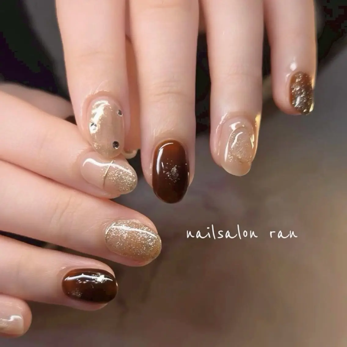 ネイル ブラウン ニュアンスネイル ハンドネイル ハンドケア nailsalon ranのネイルデザイン