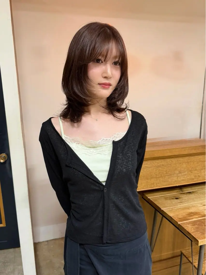 ミディアム カラー カット トリートメント 縮毛矯正ボブ&顔まわ レイヤー♡TOMOEのヘアスタイル