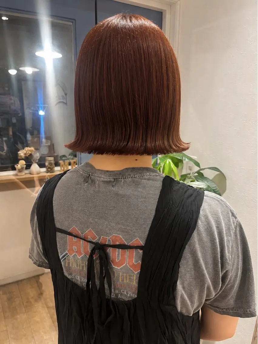 ミディアム カラー ブリーチ ブラウンカラー ダブルカラー ブリーチなしカラー オレンジ カット ヘアカラー トリートメント 上品な暖色/丸みボブ Chie🪷のヘアスタイル