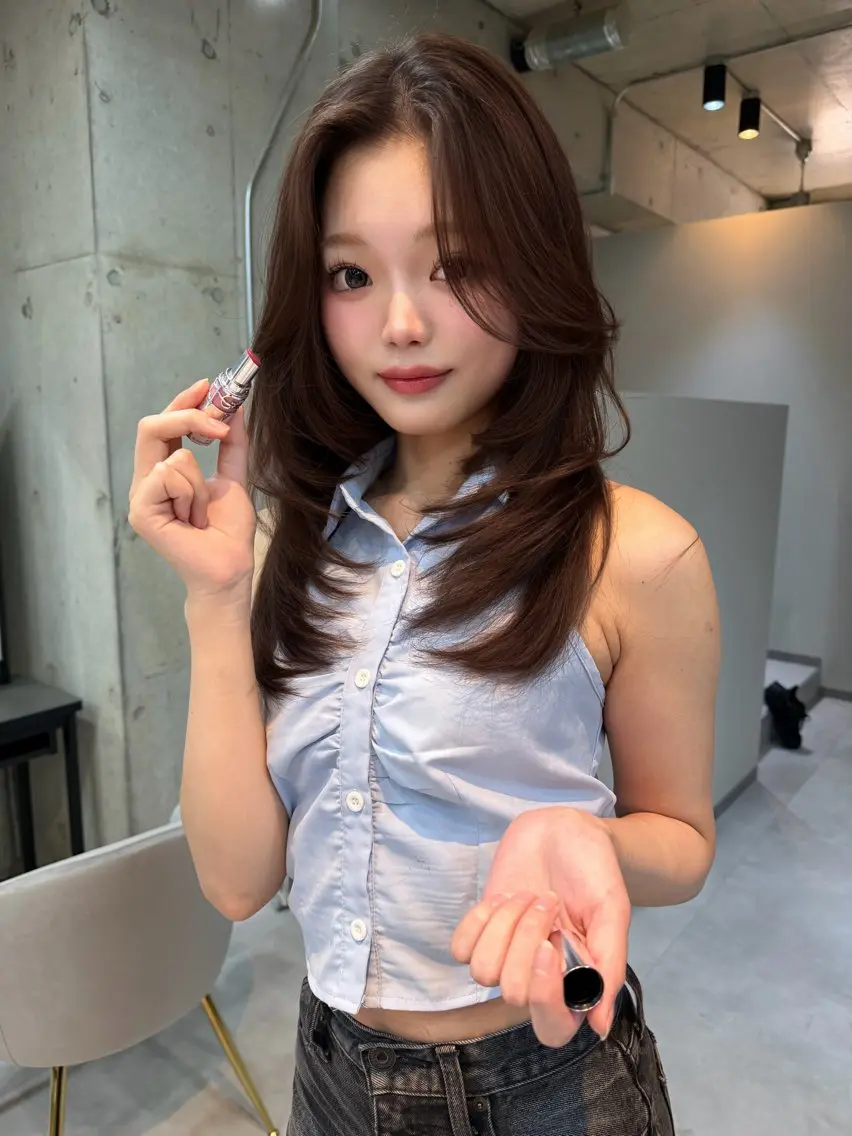 ミディアム チョコレートブラウン レイヤーカット 小顔カット カット ヘアカラー トリートメント 福岡/艶カラー/ レイヤーカット/夏也のヘアスタイル