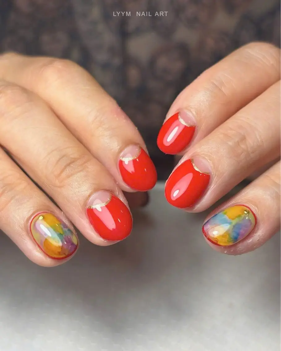 ネイル ゴールド 韓国ネイル 大理石ネイル(マーブル) 赤色 LYYM Salonのネイルデザイン