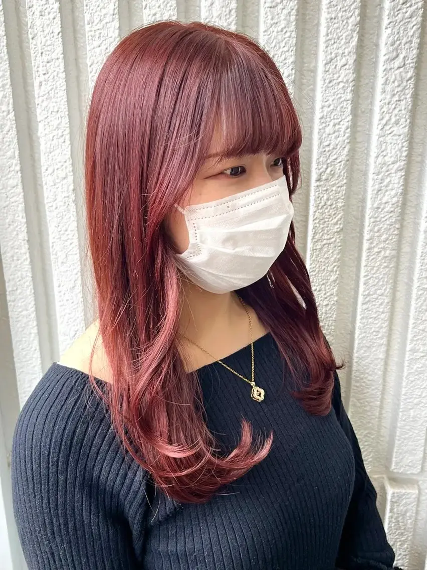 ロング カラー ブリーチ ボルドーカラー ダブルカラー ブリーチなしカラー くびれヘア カット ヘアカラー トリートメント レイヤーカット☆顔ま わりカット*田村りおのヘアスタイル