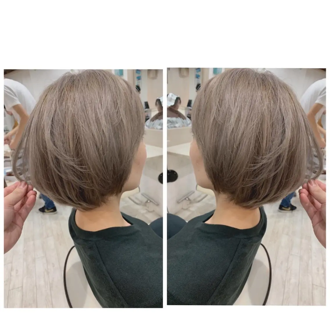 ショート カラー アッシュ バレイヤージュ ブリーチ デザインカラー グレージュ ヘアカラー トリートメント 京都大人女性ショート 徒歩1分/秋山のヘアスタイル