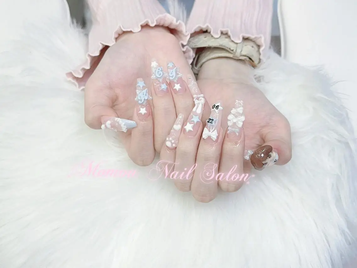 ネイル 成人式 大理石ネイル(マーブル) リボン 夏ネイル ネイルチップ ハンドネイル MoMoA Nail ネイル長さ出し専門店のネイルデザイン