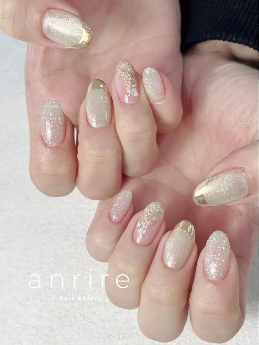 ネイル フラッシュネイル フレンチネイル ジェルネイル グリーン キラキラネイル ハンドネイル nailsalon anrireのネイルデザイン