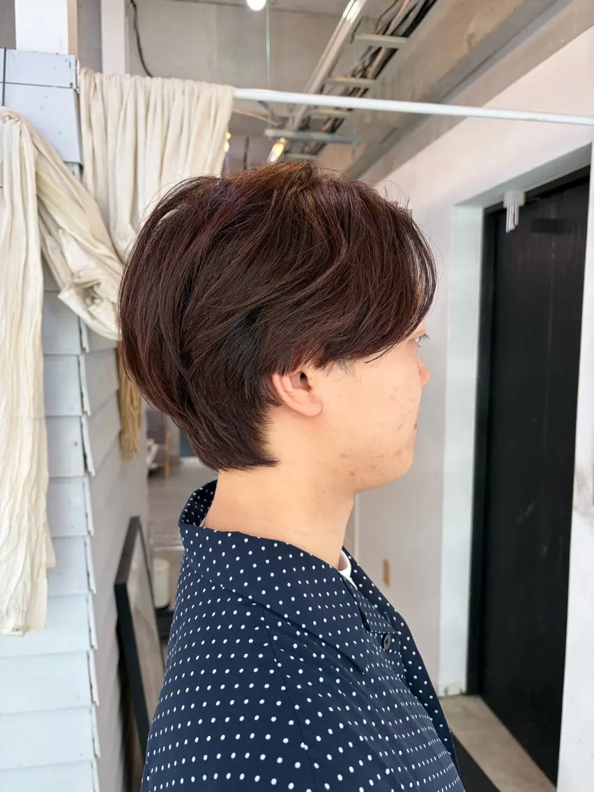 ショート カラー ブラウンカラー オレンジ オレンジブラウン くびれヘア ブリーチ有無Wカラー メンズパーマ大成のヘアスタイル