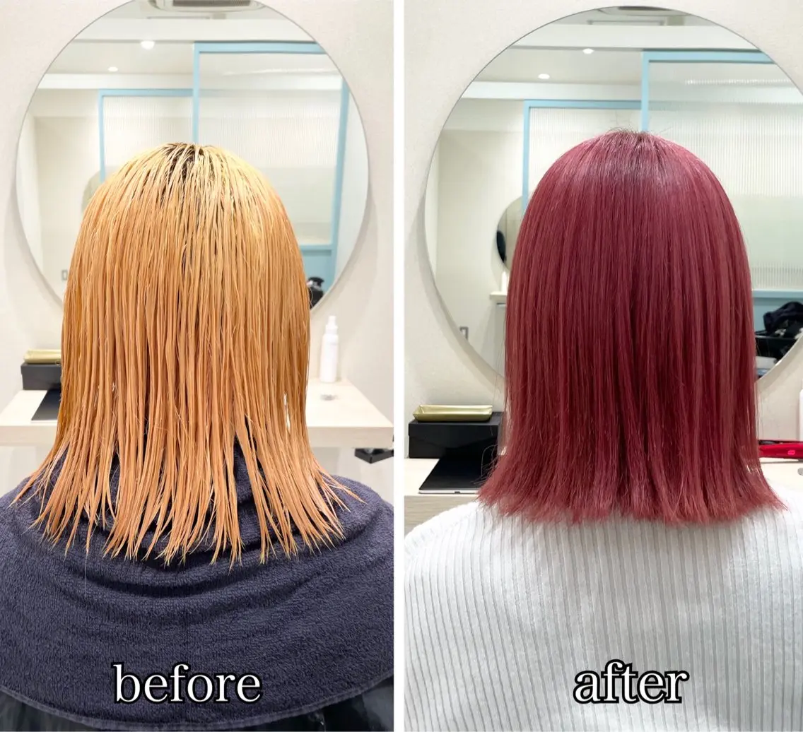 【🌷ピンクカラー限定🌷】ケアブリーチ＋オンカラー＋補修トリートメント　暖色カラーの写真