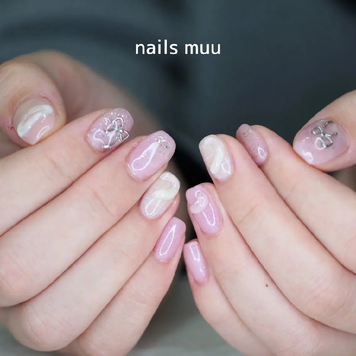 ネイル 持ち込み ニュアンスネイル ピンク リボン 春ネイル nails muu まゆのネイルデザイン