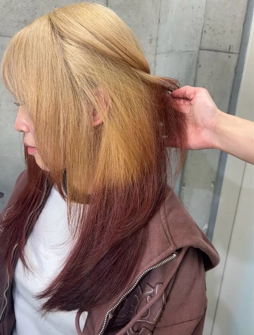 セミロング カラー ベージュカラー レッドカラー 落ちる黒 森崎雄斗のヘアスタイル