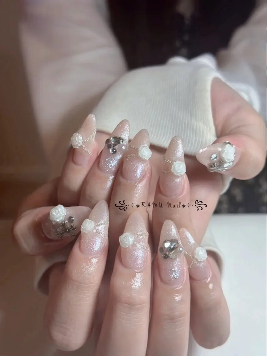 ネイル キラキラネイル マグネットネイル ミラーネイル ピンク 春ネイル ハンドネイル RAMU Nail 恵比寿店のネイルデザイン