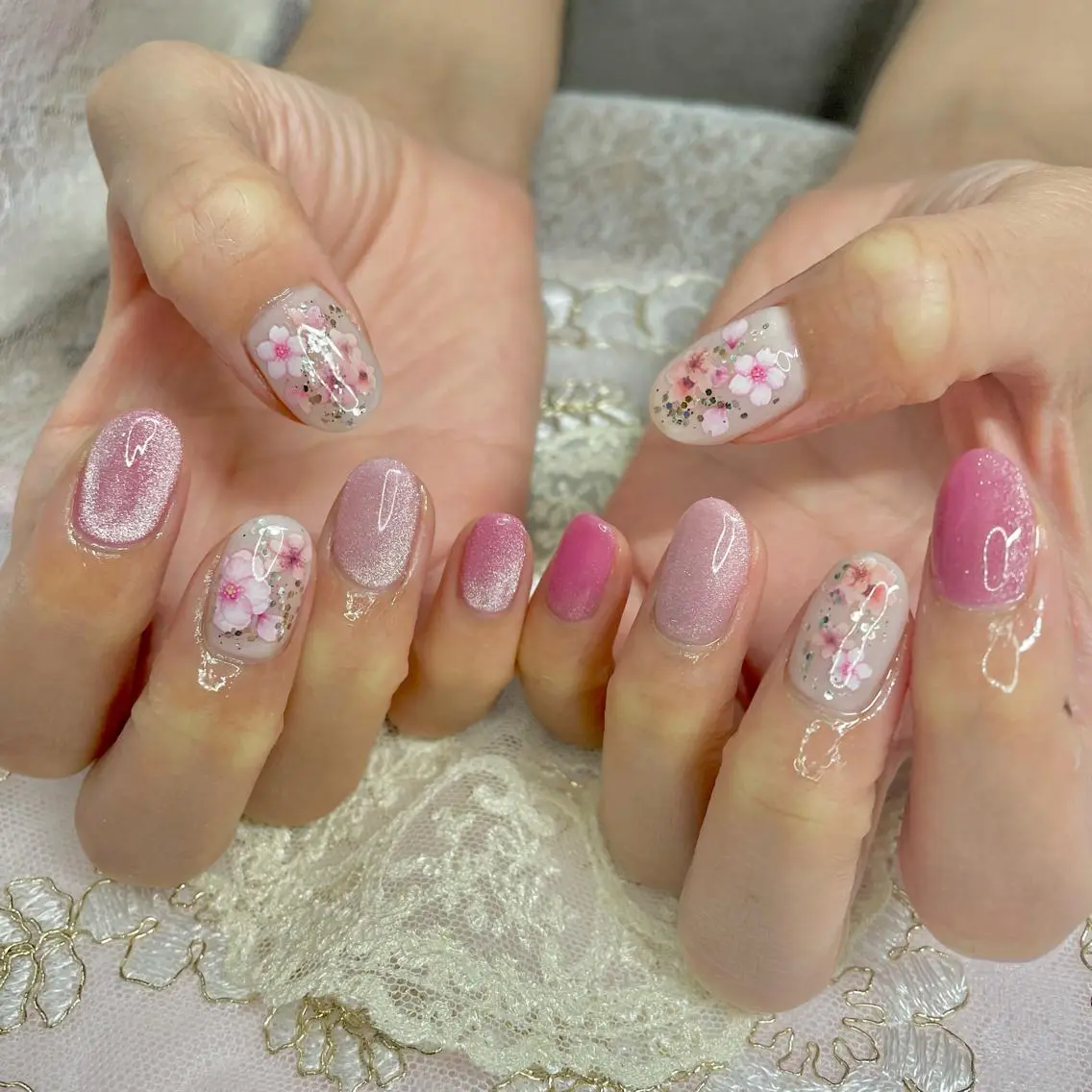 ネイル アートネイル オーロラネイル 桜ネイル 成人式 ジェルネイル J terrace Nailのネイルデザイン