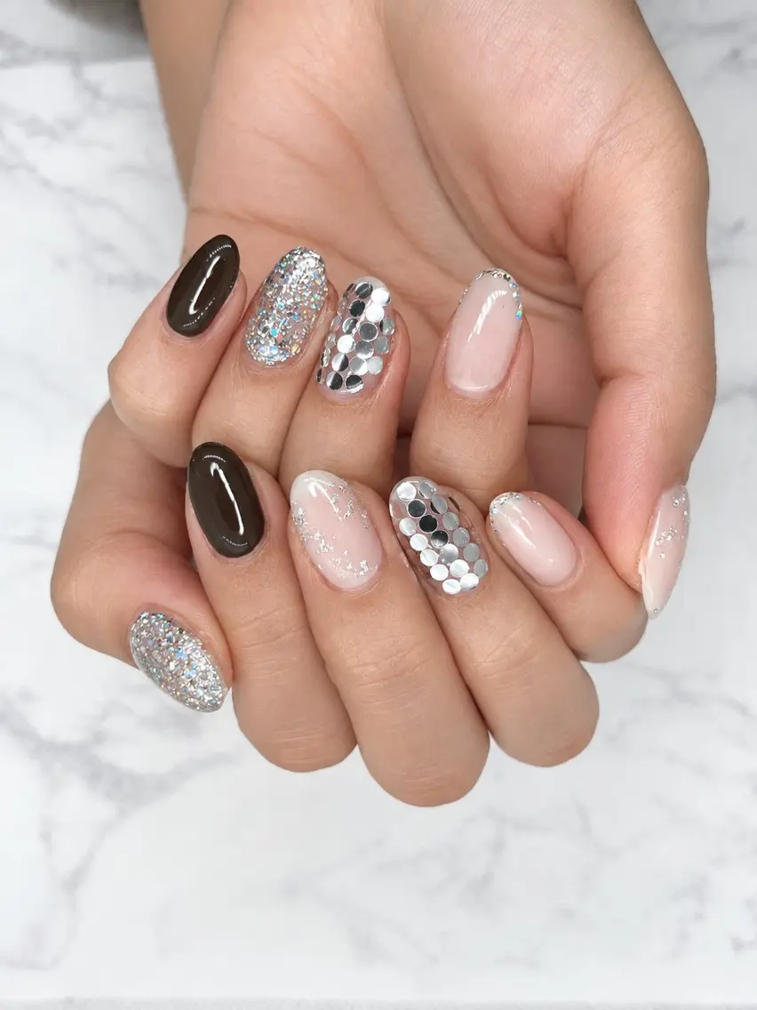 ネイル ブラウン キラキラネイル 韓国ネイル ラメ(グリッター) ミラーネイル SAMS NAILのネイルデザイン