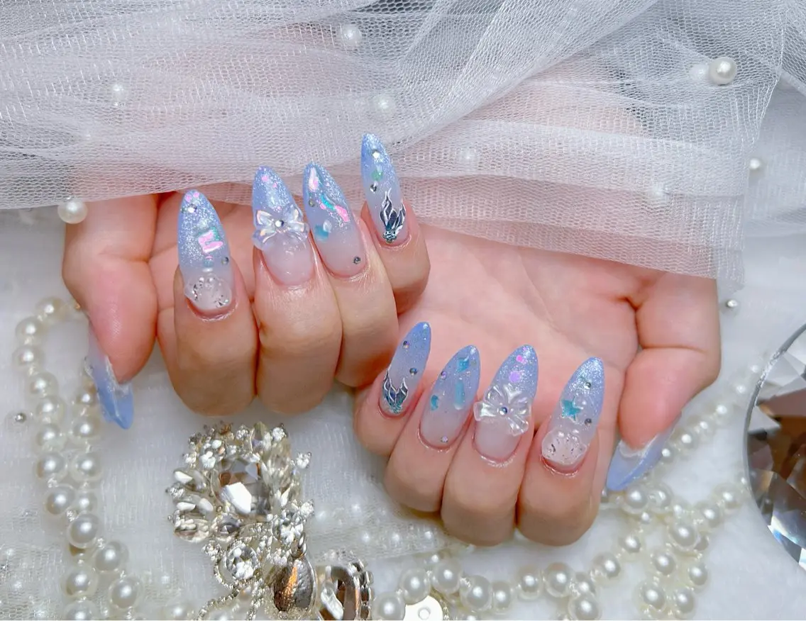 ネイル アートネイル オーロラネイル チークネイル 長さ出し フットネイル Miya _nailのネイルデザイン