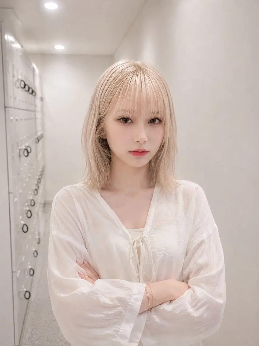 ミディアム カラー ベージュカラー ブロンド ホワイトベージュ ホワイトブロンド ヘアカラー トリートメント ハイトーン/ホワイト /縮毛矯正/りくとのヘアスタイル