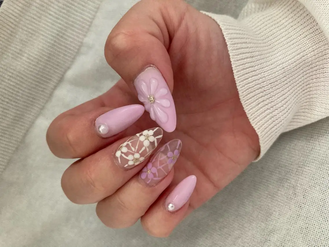 ネイル クリアネイル レース ぷっくりネイル パープル スカルプネイル chii nailのネイルデザイン