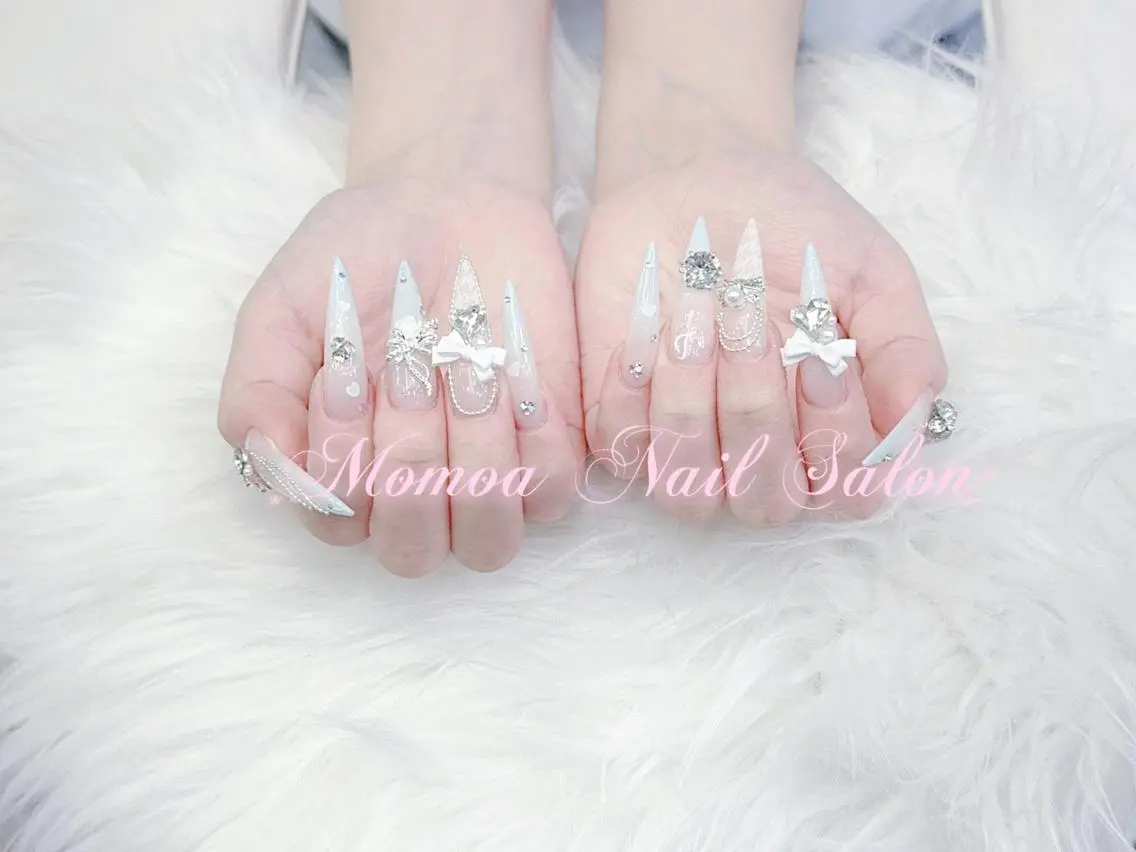ネイル 成人式 大理石ネイル(マーブル) リボン 夏ネイル ネイルチップ MoMoA Nail ネイル長さ出し専門店のネイルデザイン