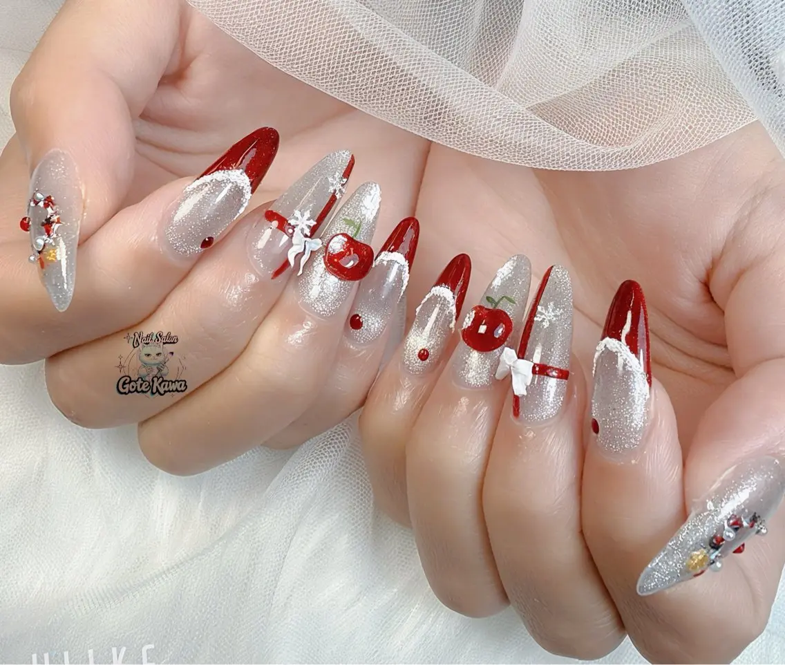 ネイル アートネイル 長さ出し キラキラネイル ピンク リボン ハンドネイル ハンドケア Gote Kawa nail salonのネイルデザイン