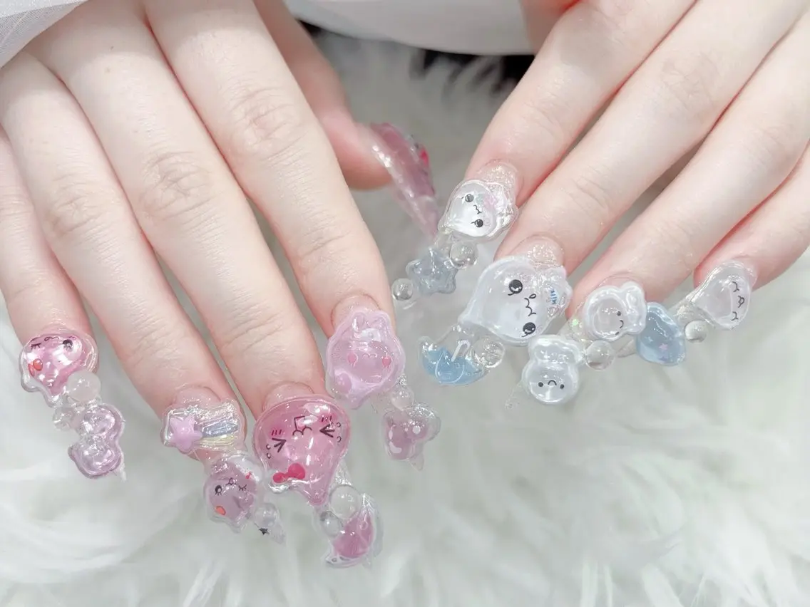 ネイル 成人式 大理石ネイル(マーブル) リボン 夏ネイル ネイルチップ ハンドネイル MoMoA Nail ネイル長さ出し専門店のネイルデザイン