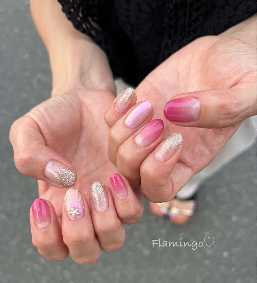ネイル グラデーション ラメ(グリッター) ラメグラデーション 夏ネイル フィルイン/爪育成♡ 40代からのサロンのネイルデザイン