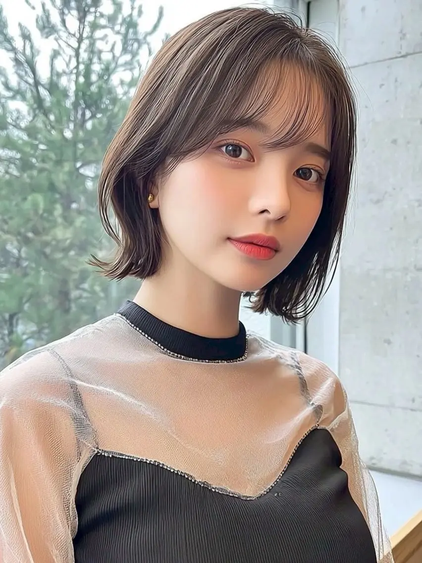 ミディアム ボブレイヤー ボブ 顔まわりレイヤー 韓国風ヘア レイヤーカット 岡田 望愛🫧のヘアスタイル