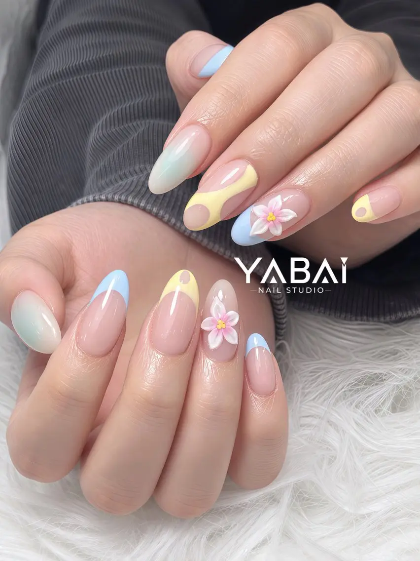 ネイル ブルー フラワーネイル フレンチネイル グリーン パステルネイル YABAI NailStudioのネイルデザイン
