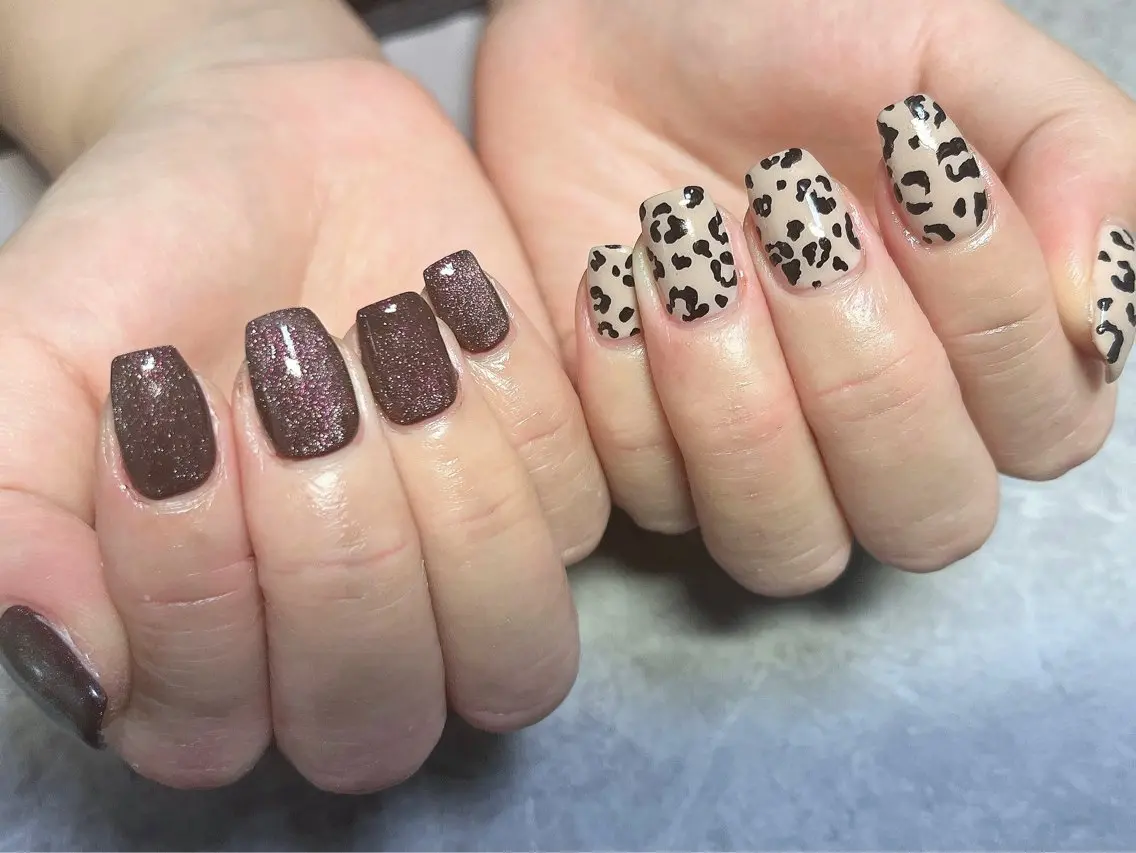 ネイル アニマル柄 ブラウン マグネットネイル 持ち込み ピンク ハンドネイル ハンドケア ベテランネイル cnc nailのネイルデザイン