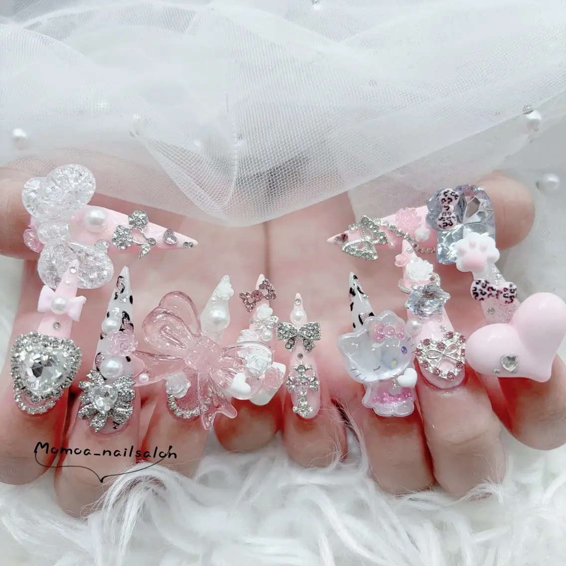 ネイル 成人式 大理石ネイル(マーブル) リボン 夏ネイル ネイルチップ ハンドネイル MoMoA Nail ネイル長さ出し専門店のネイルデザイン