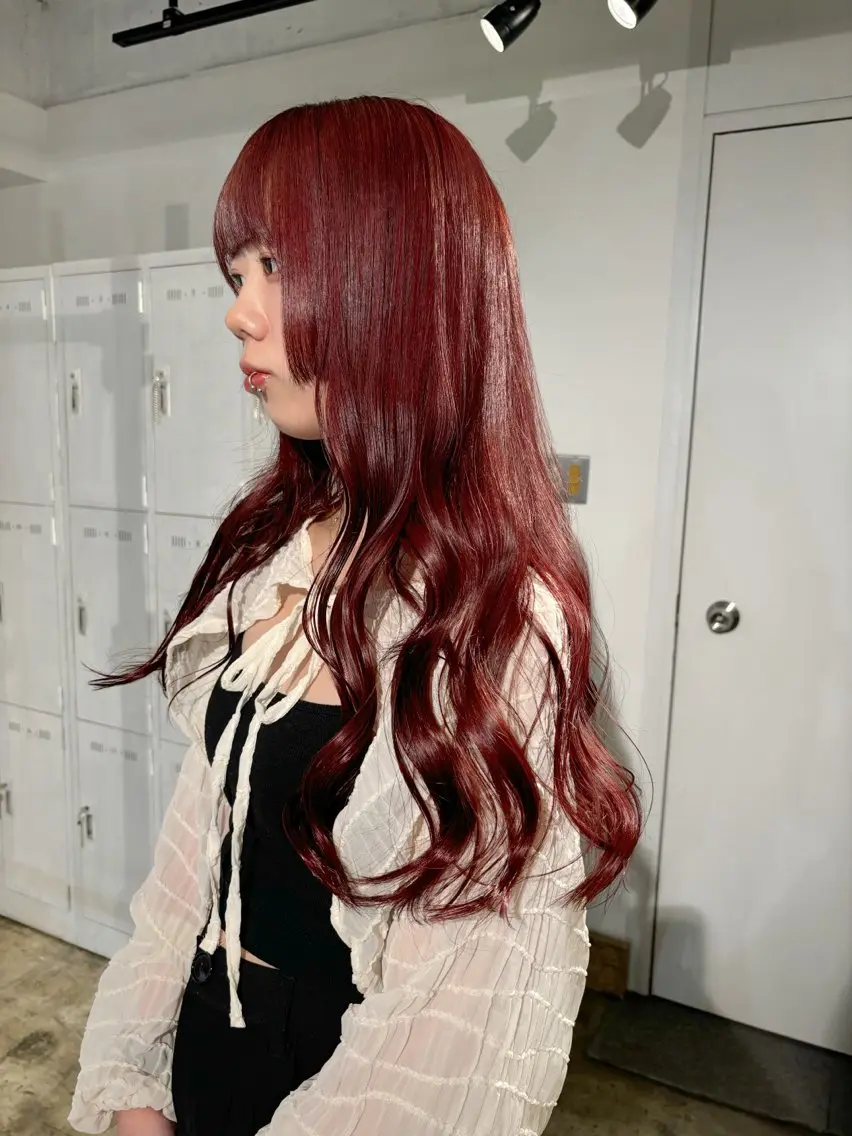 ロング カラー ブリーチ ボルドーカラー ダブルカラー ブリーチなしカラー レッドカラー 暖色カラー🍒 ケアブリーチ/akiのヘアスタイル