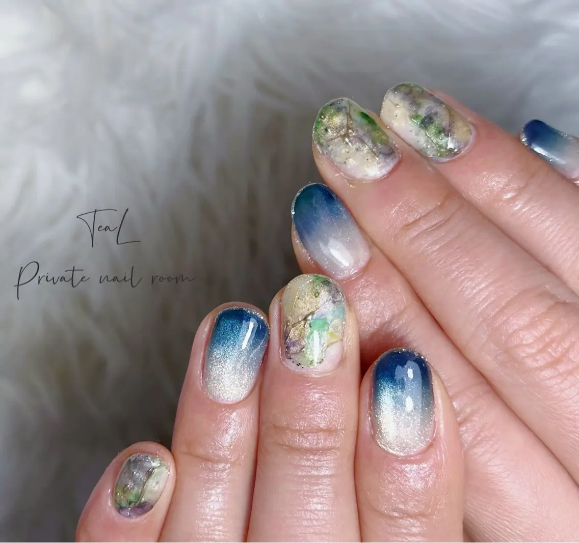 ネイル ブルー グリーン マグネットネイル ショートネイル ハンドネイル TeaL nailのネイルデザイン