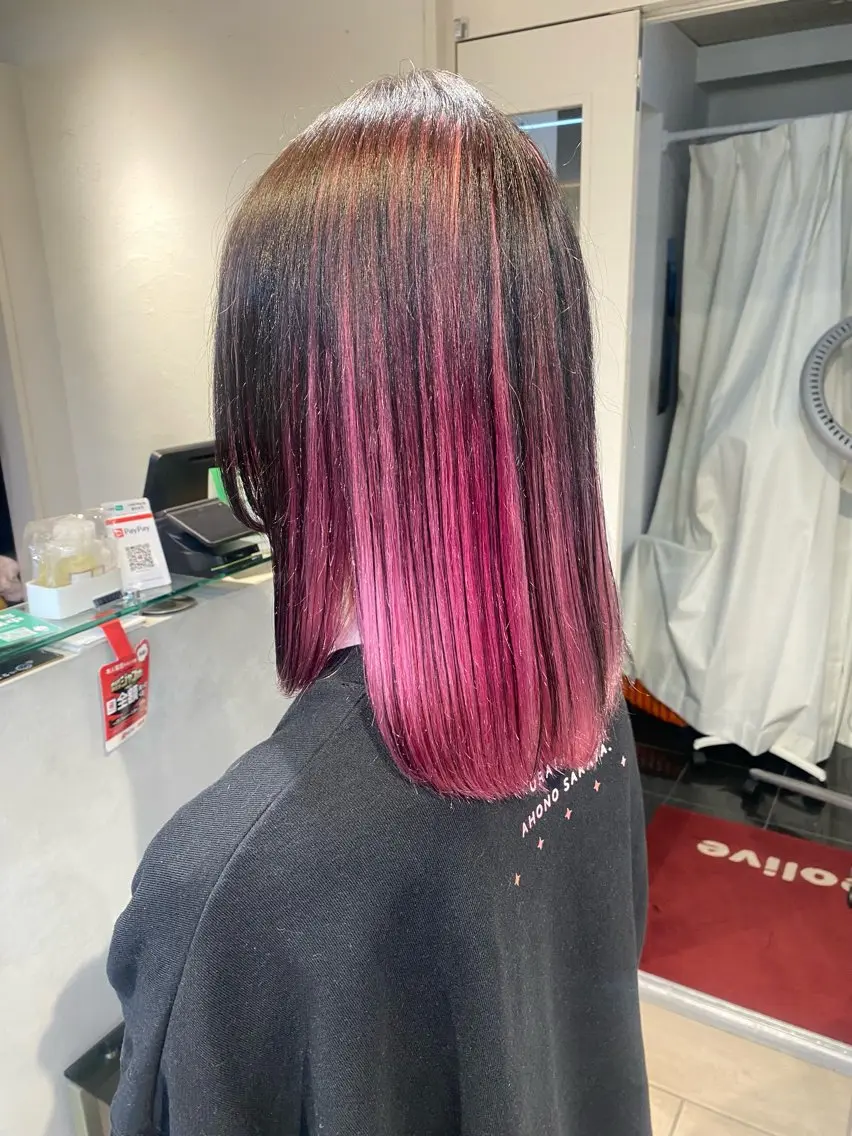 セミロング カラー ブリーチ ピンクカラー Aya　ブリーチなし 🌱　ダブルカラーのヘアスタイル