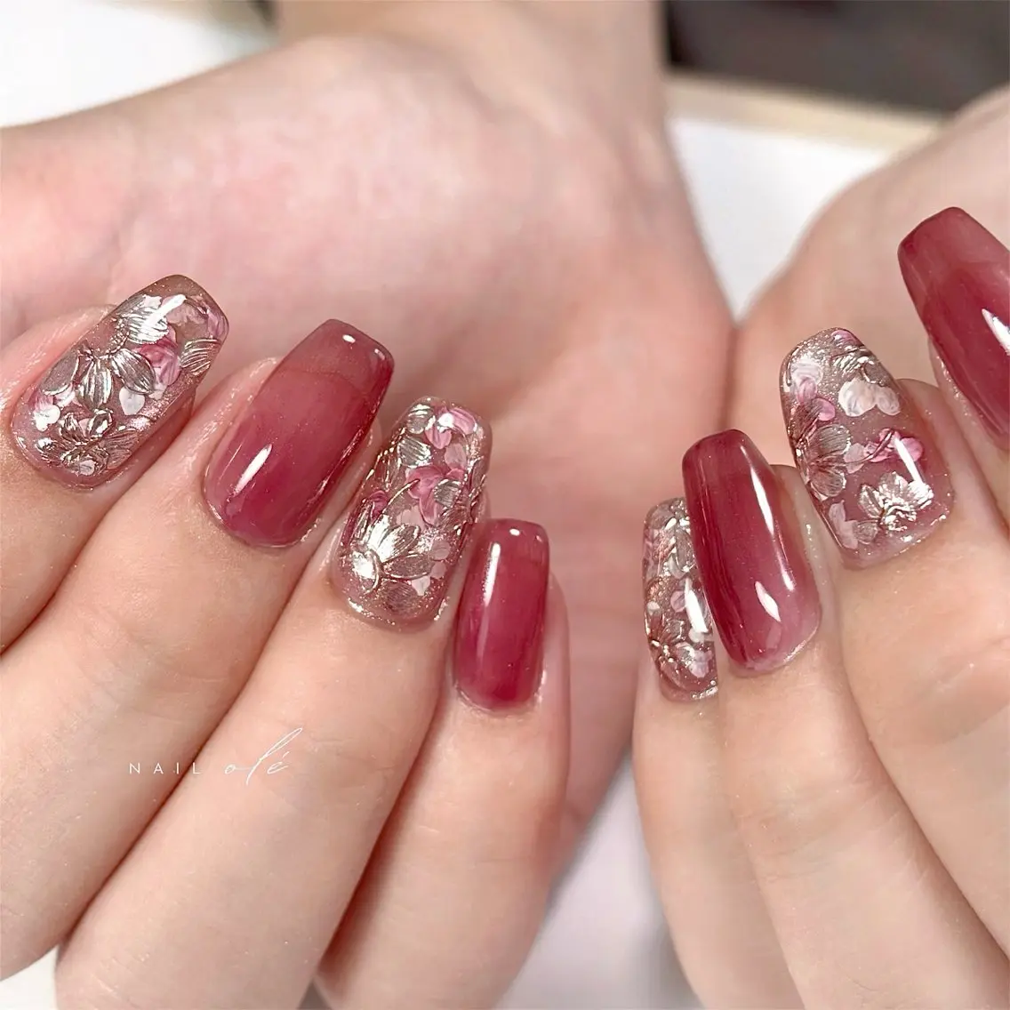ネイル アートネイル ボルドー フラワーネイル ハンドネイル NAIL oleのネイルデザイン