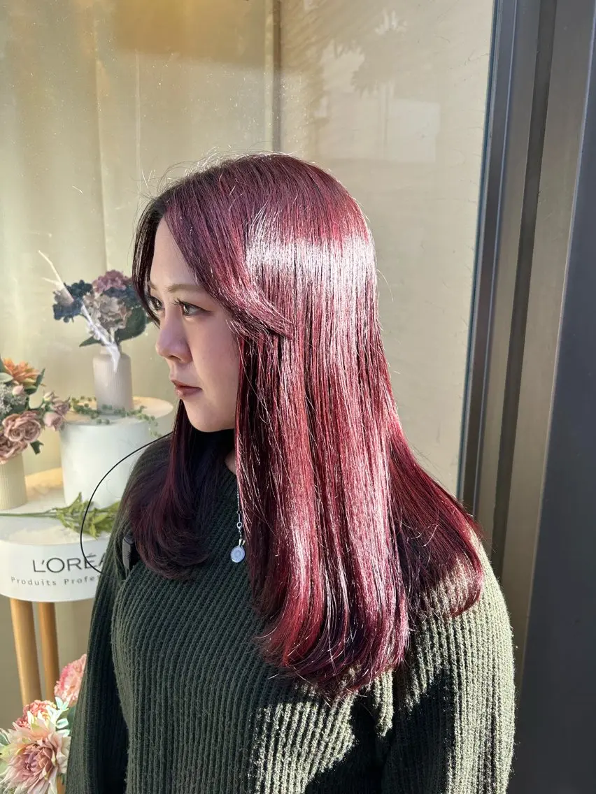 ロング カラー ブリーチ ブリーチなしカラー レッドカラー ハヤシ ナルミのヘアスタイル