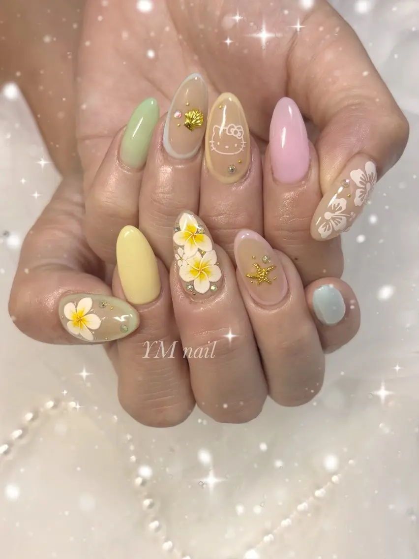 ネイル キラキラネイル パステルネイル 夏ネイル ハンドネイル YM nailのネイルデザイン